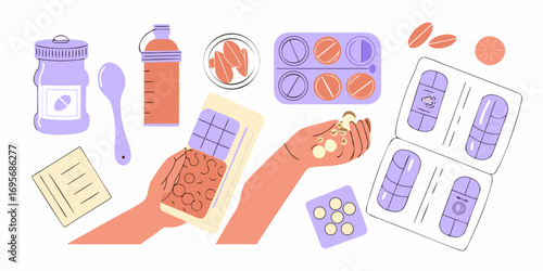 Illustration of hands holding pills and various medication containers and supplements for healthcare and wellness