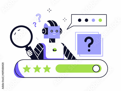 Friendly robot holding a magnifying glass over a search bar with stars and question marks symbolizing search and inquiry