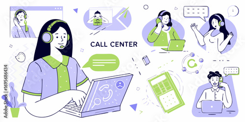 Diverse call center agents providing customer service and technical support with headsets and laptops