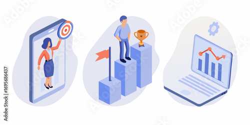 Business success concept with goal achievement winning and financial growth illustrated in isometric style