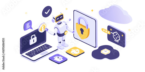 Robot guarding digital security with locks and cloud services in isometric illustration