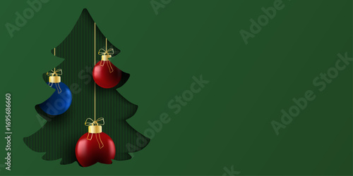 Christmas banner with cutout designs on blue, green, red background. Christmas minimal poster ,flayes, cards with Xmas tree, ornament ball, gift box, snowflakes inside shadow, merry Christmas for ads.