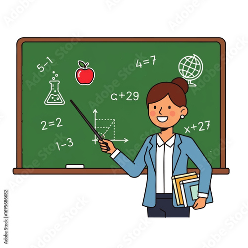 Teacher pointing at a chalkboard with math equations, an apple, and a globe illustration