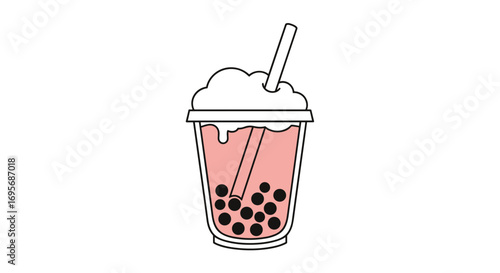 Refreshing pink bubble tea with tapioca pearls and frothy cream topping, perfect for summer drinks.