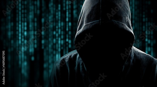 Hooded Figure with Cyber Background Represents Hacker or Data Breach