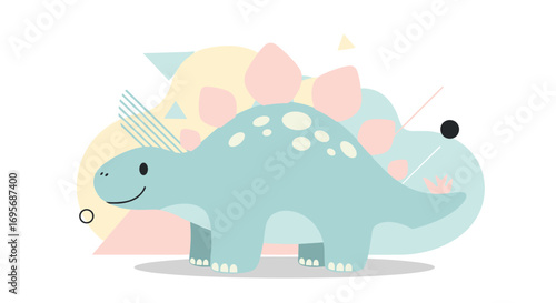 Cute cartoon dinosaur with pastel shapes, perfect for children's decor and educational materials