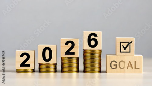 Wooden Blocks 2026 on Golden Coins with Goal, Plan, and Action Pyramid, Ideal for financial planning, New Year’s resolutions, or business development visuals.