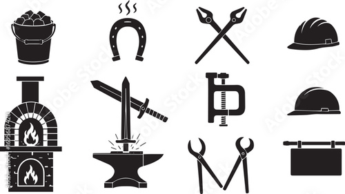 Blacksmith Tools and Equipment Icons Set anvil hammer