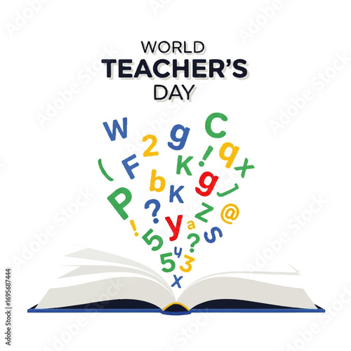 Open book with colorful letters and numbers erupting, celebrating World Teacher's Day