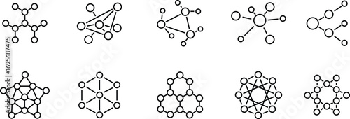 Molecule network connection black outline icon set. Vector of blockchain, neural network, data structure, artificial intelligence, science, chemistry, communication, web, internet, digital technology.