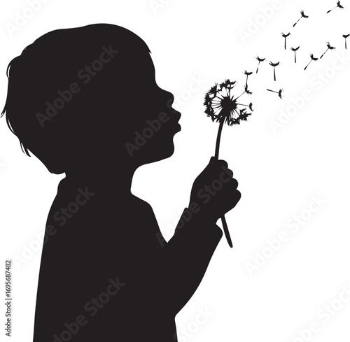Child Silhouette Blowing Dandelion Seeds vector illustration