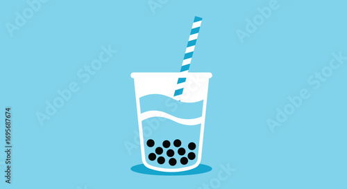 Refreshing bubble tea drink with tapioca pearls and striped straw on bright blue background