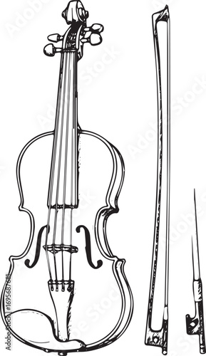 Hand Drawn Violin and Bow with Rosin fiddle string instrument