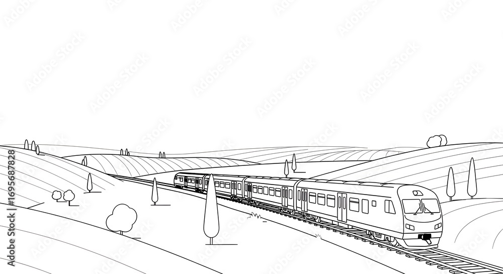 Obraz premium Modern passenger train journeying through a serene rural landscape with rolling hills and scattered trees, depicted in a clean, minimalist line art illustration.
