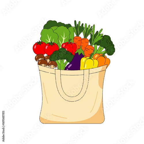 A beige tote bag overflowing with fresh, colorful vegetables and mushrooms