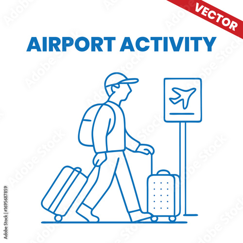 Passenger Carrying Luggage at Airport Outline Graphic Illustration airport activity