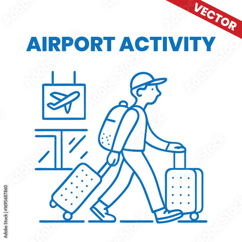 Person Holding Luggage at Airport Terminal Outline Graphic Illustration airport activity