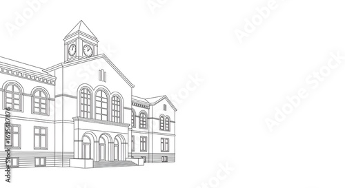 Illustration of a historic building with a clock tower, rendered as a clean line drawing. The architectural design evokes a sense of history and education, set against a bright white background.