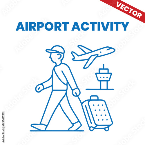 Airport Passenger with Carry-on Bag Outline Graphic Illustration airport activity