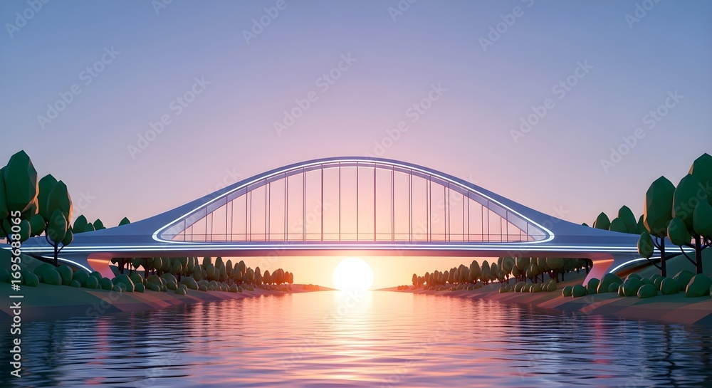 Naklejka premium Modern futuristic bridge illuminated by sunset over calm water surrounded by stylized trees and landscape.