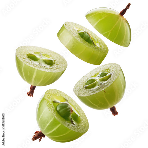 Fresh green indian gooseberries falling isolated transparent background delicious healthy fruit slices
