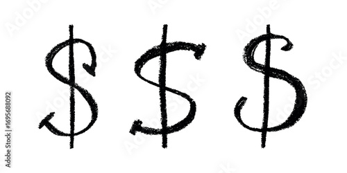 Set of hand drawn dollar currency symbol. Brush stroke doodle. Single element for design