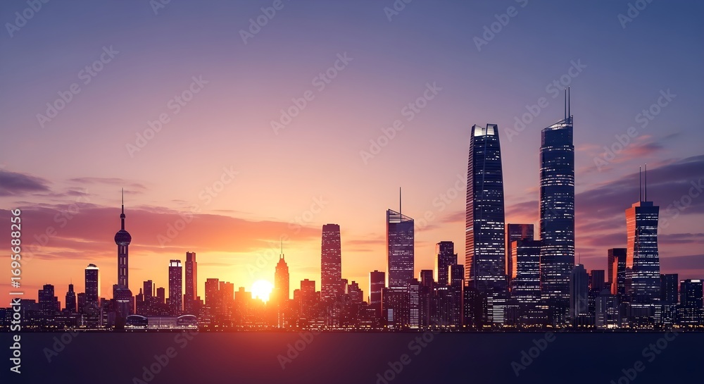 Obraz premium Spectacular modern city skyline at sunset with illuminated skyscrapers, creating a breathtaking urban landscape and reflecting global growth and opportunity.