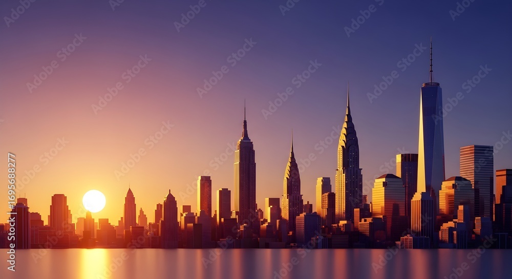 Fototapeta premium Stunning panoramic view of the New York City skyline at sunset, highlighting iconic skyscrapers and the bright sun reflecting off the water, evoking a sense of travel and urban beauty.
