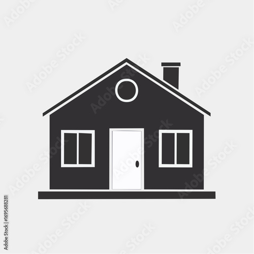 Minimalist dark grey house icon with windows, door, and chimney on a light grey background, representing home ownership and residential real estate