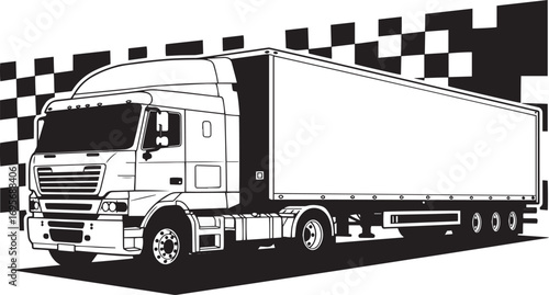 Semi Truck with Trailer and Checkered Background Keywords: truck, trailer, semi truck, lorry