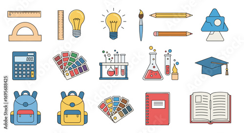 Unlock creativity and learning with vibrant school and science icons for educational projects and designs