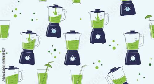 Vibrant green smoothie blenders and glasses create a fresh, healthy, and modern seamless pattern design.
