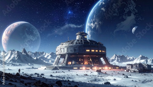 Fototapeta Naklejka Na Ścianę i Meble -  A futuristic lunar base stands amidst a breathtaking, snow-capped mountain range, illuminated by the distant glow of a blue Earth in a starry night sky.