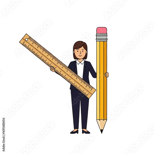 Businesswoman holding a large ruler and pencil, illustration