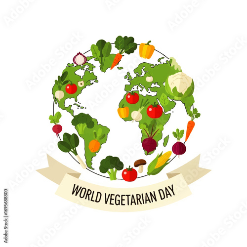 A vibrant Earth globe adorned with diverse vegetables celebrates World Vegetarian Day