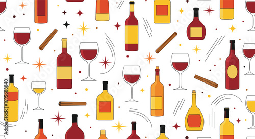 Vibrant wine bottles and glasses pattern with festive stars and cinnamon sticks for celebration