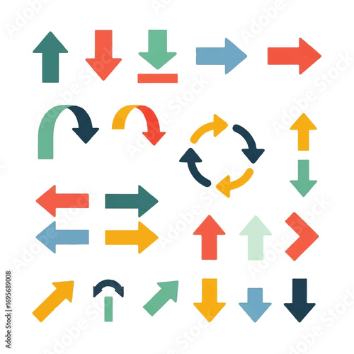 A collection of various colorful arrow icons pointing in different directions, all isolated on white