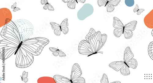Wallpaper Mural Elegant black and white butterfly pattern with abstract pastel shapes, perfect for design projects Torontodigital.ca