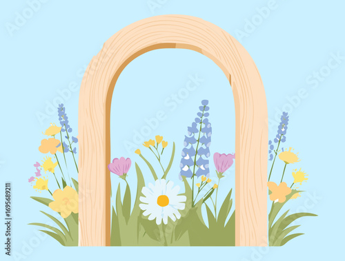 A peaceful vector illustration of a charming wooden archway surrounded by tall purple and blue flowers on a light, airy background