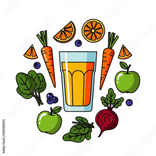 Freshly squeezed juice surrounded by its ingredients: carrots, oranges, apples, spinach, and blueberries