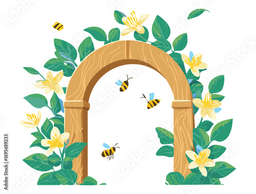 A charming digital illustration of a half-circle wooden archway with climbing green vines and buzzing bees around white blossoms