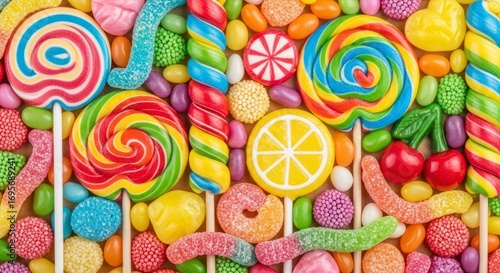A colorful candy assortment including lollipops jelly beans and gummies fills the frame