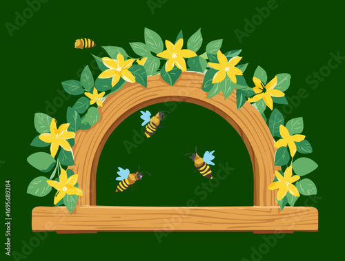 A detailed digital illustration of a rustic wooden archway with flying bees around colorful flowers against a solid 
