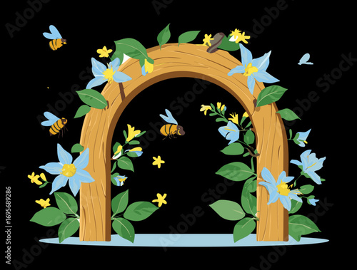 A whimsical vector illustration of a wooden archway with flying bees and blue flowers against a dark, dramatic backdrop