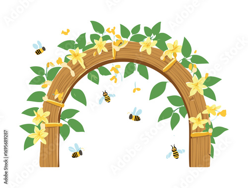 A cheerful digital illustration of a rustic wooden archway with climbing vines and buzzing bees around vibrant yellow flowers