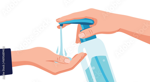 Hands applying refreshing sanitizer for hygiene protection against germs and viruses on white background