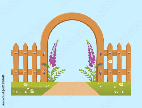 A whimsical cartoon illustration of a rustic wooden fence and gate, adorned with tall purple flowers on a bright sky backdrop