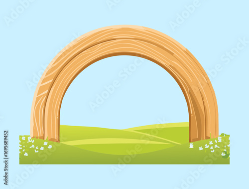 A clean and simple vector illustration of a charming wooden archway, perfect for a garden entrance, on a light blue background