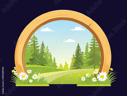 A serene landscape illustration of a wooden archway framing a view of a peaceful forest and misty mountains under a clear sky