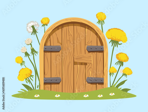 An enchanting cartoon illustration of a simple wooden door nestled in a green field with cheerful yellow dandelions under a bright sky
